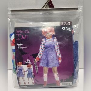 Women's S (4/6) Striped Doll Scary Halloween Costume Blue Dress New